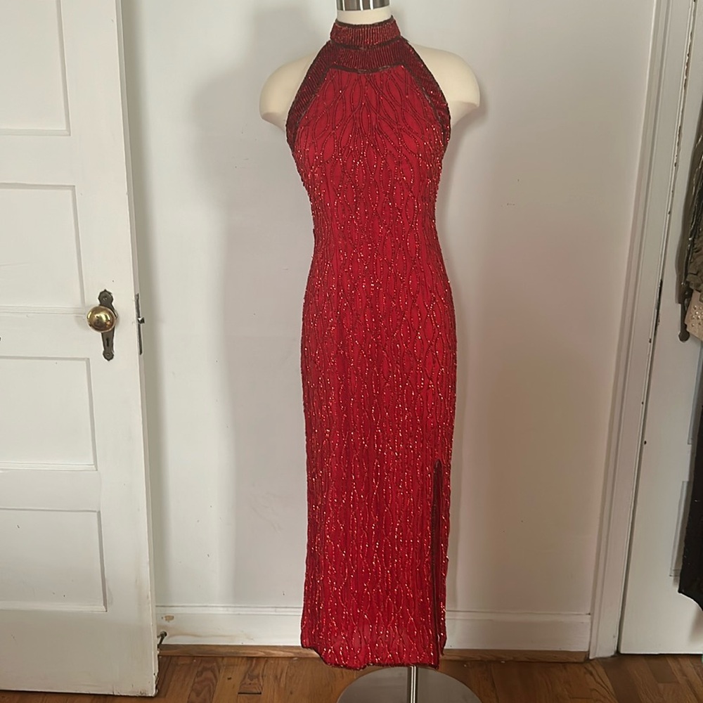 High neck red sequin holiday dress